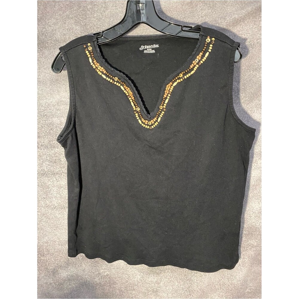 St. John's Bay Top Women XL Black Beaded Split Neck Sleeveless Cotton Tank